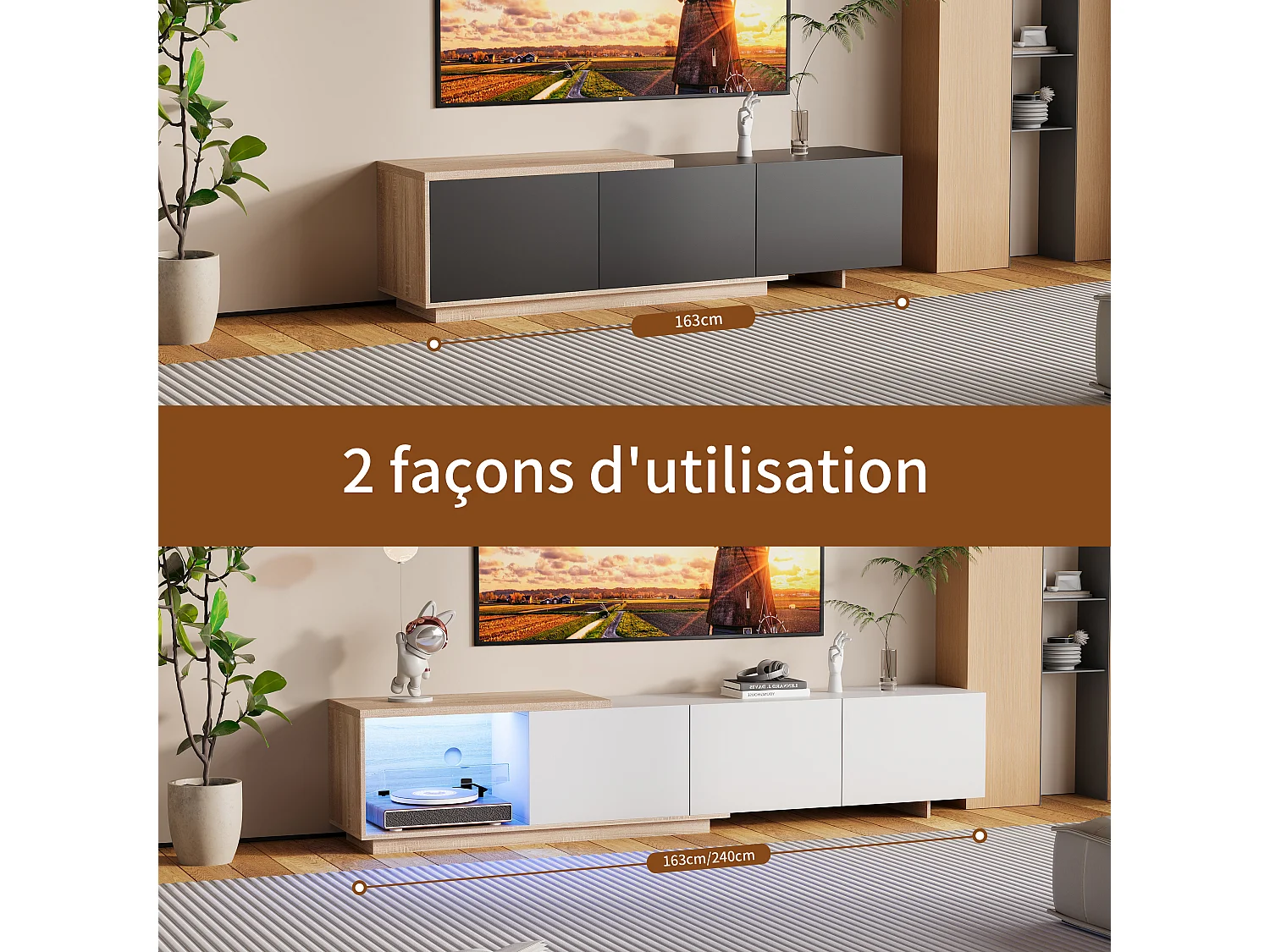 Meuble TV Noir avec LED Intégré, Armoire de Télévision, pour Salon et Chambre, 240 x 38 x 44cm, Blanc