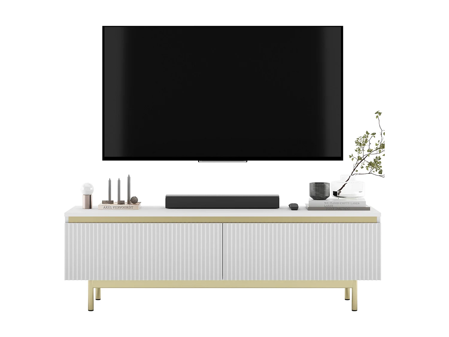 Meuble TV avec 2 portes - Corps Blanc mat, façades rainurées Blanc mat - Cadre en métal doré, 140 cm