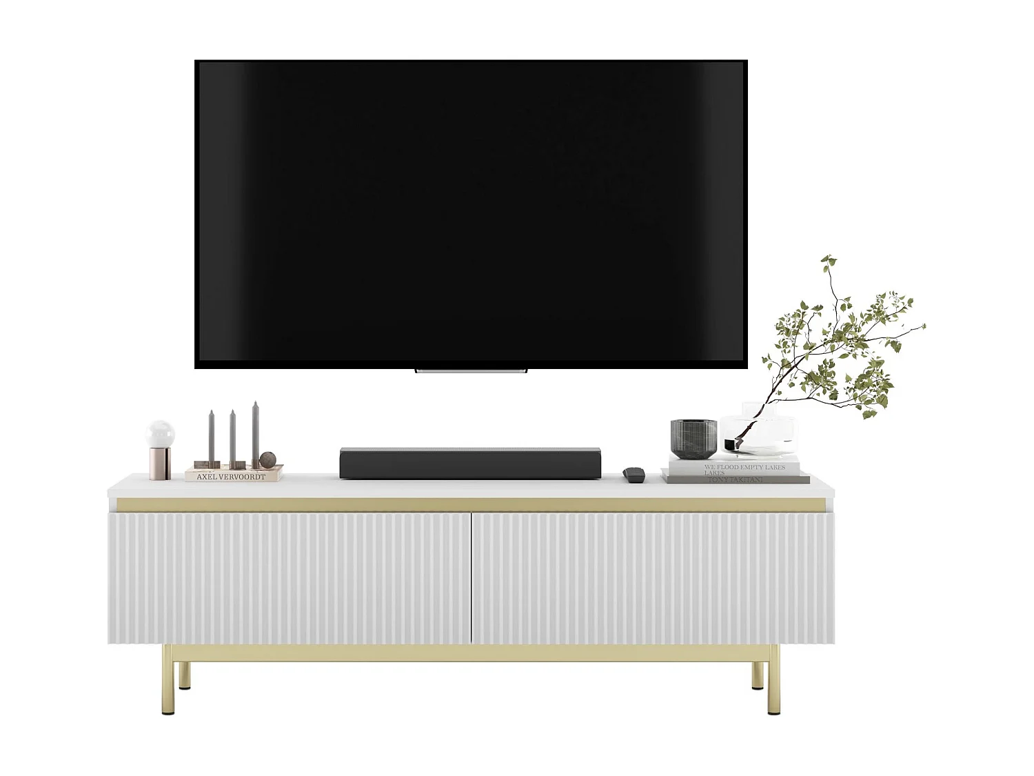 Meuble TV avec 2 portes - Corps Blanc mat, façades rainurées Blanc mat - Cadre en métal doré, 140 cm