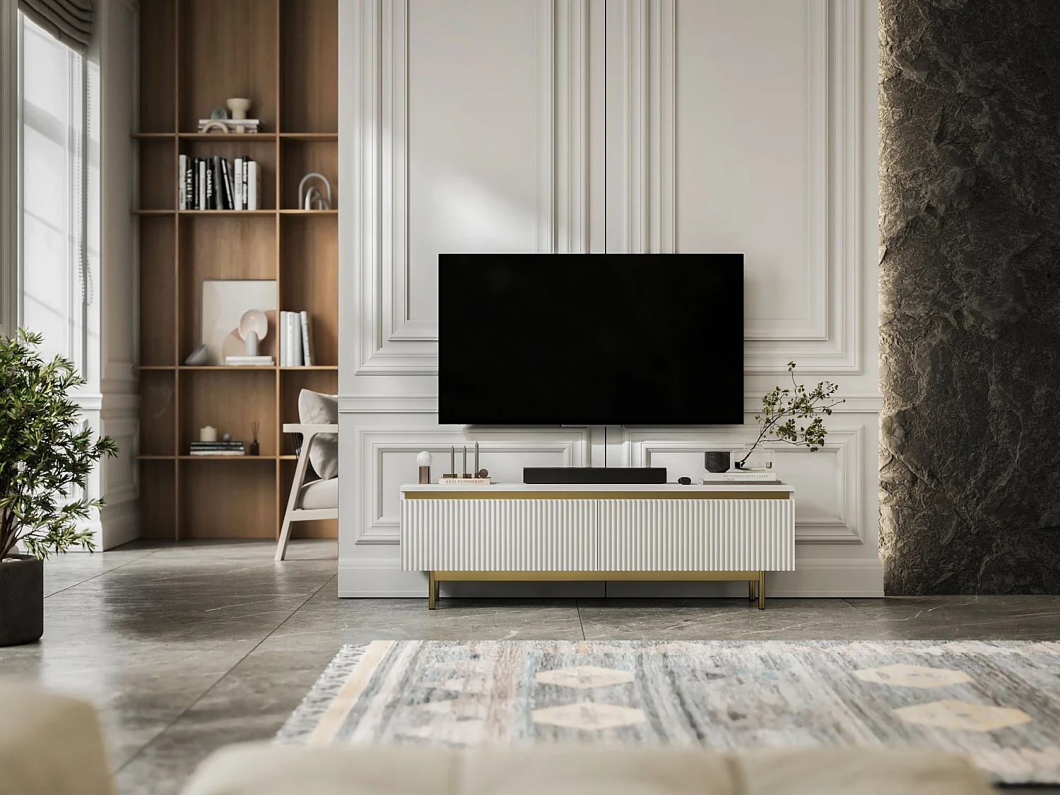 Meuble TV avec 2 portes - Corps Blanc mat, façades rainurées Blanc mat - Cadre en métal doré, 140 cm