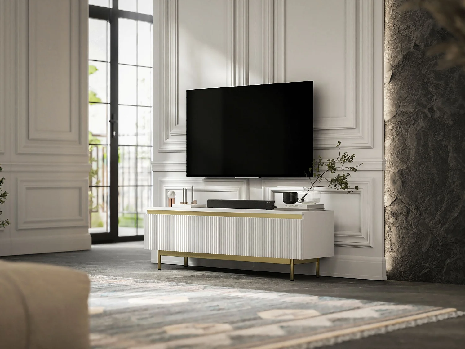 Meuble TV avec 2 portes - Corps Blanc mat, façades rainurées Blanc mat - Cadre en métal doré, 140 cm