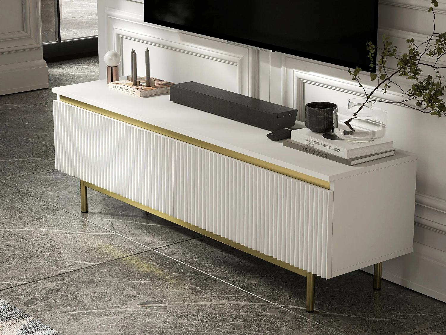 Meuble TV avec 2 portes - Corps Blanc mat, façades rainurées Blanc mat - Cadre en métal doré, 140 cm