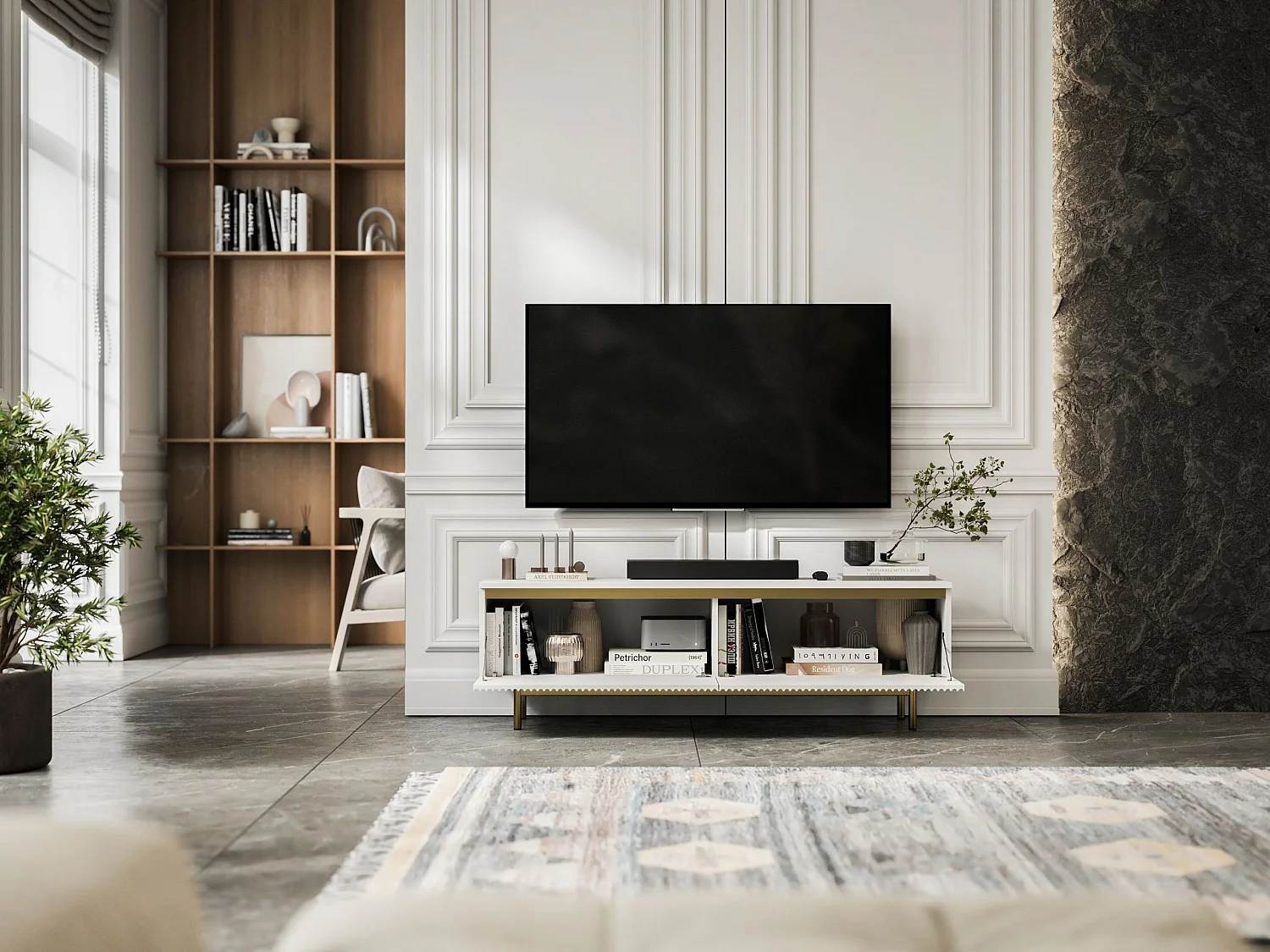 Meuble TV avec 2 portes - Corps Blanc mat, façades rainurées Blanc mat - Cadre en métal doré, 140 cm