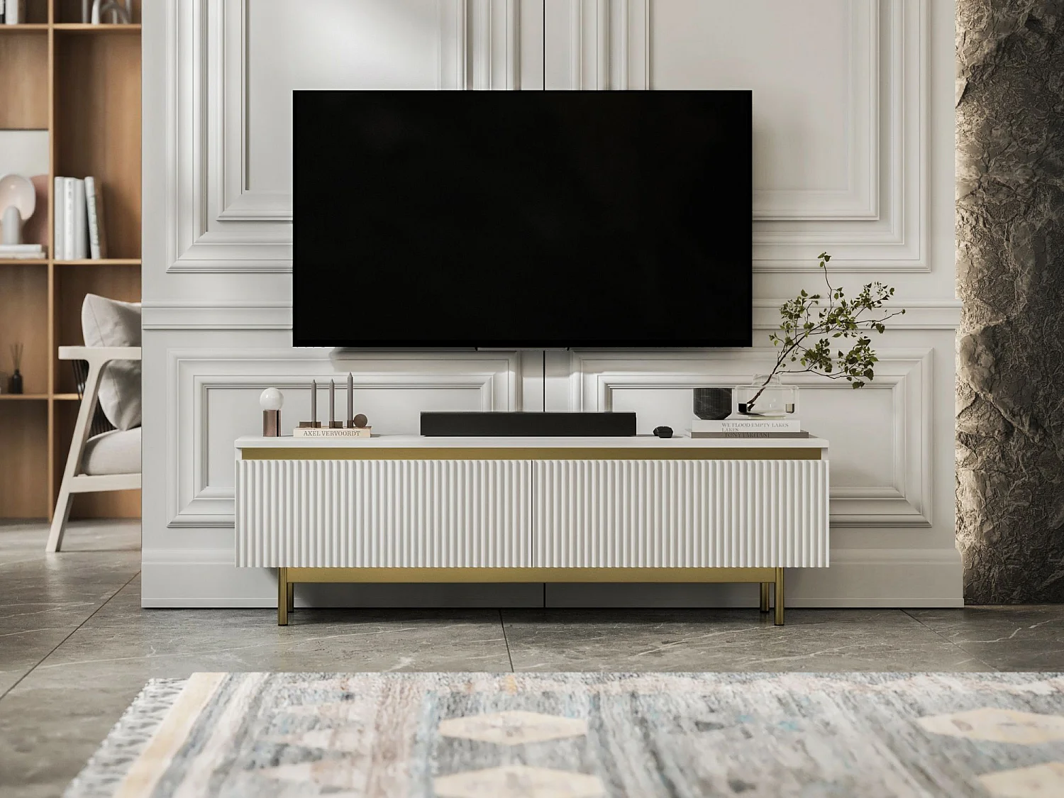 Meuble TV avec 2 portes - Corps Blanc mat, façades rainurées Blanc mat - Cadre en métal doré, 140 cm