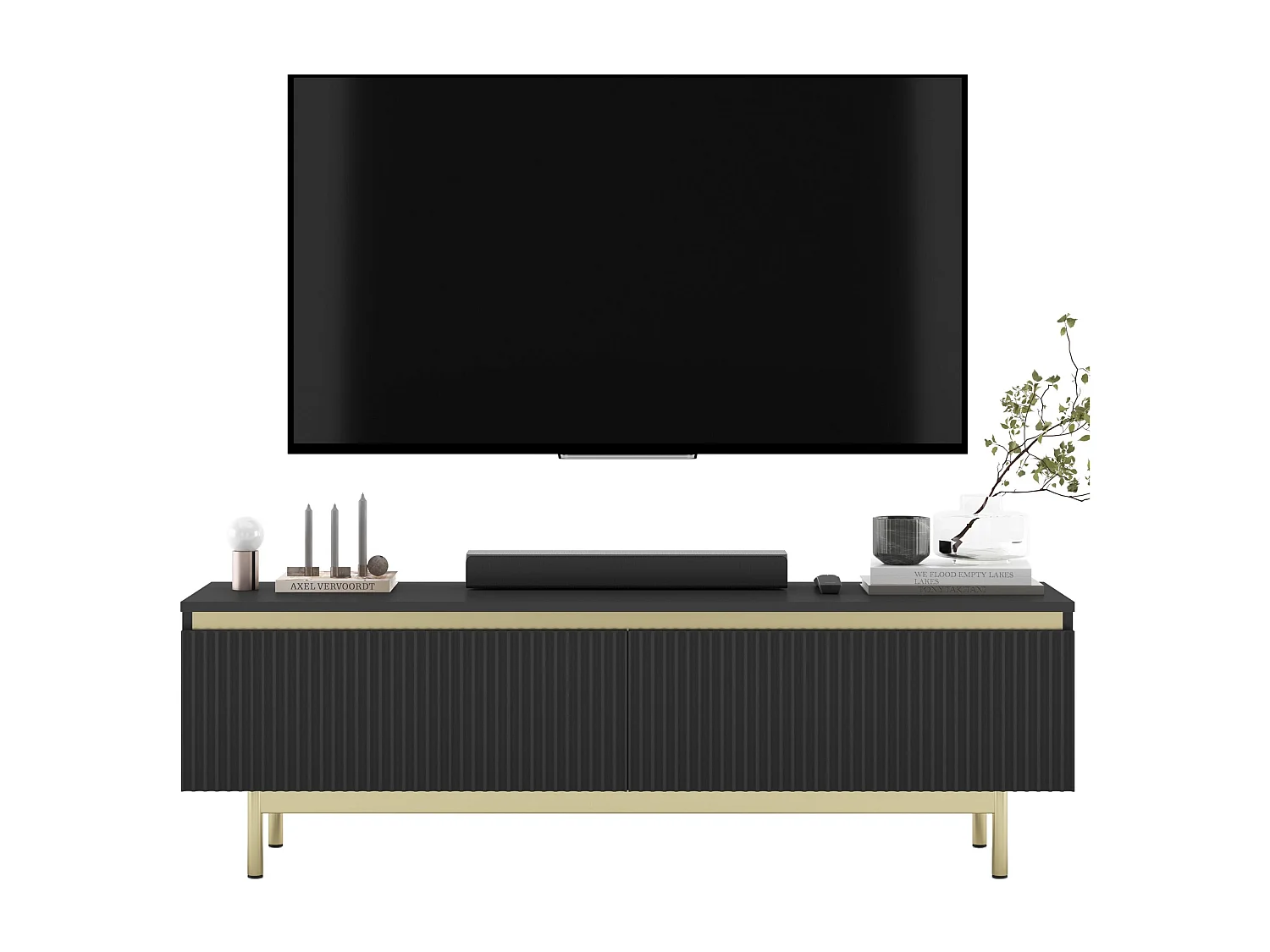 Meuble TV avec 2 portes - Corps Noir mat, façades rainurées Noir mat - Cadre en métal doré, 140 cm