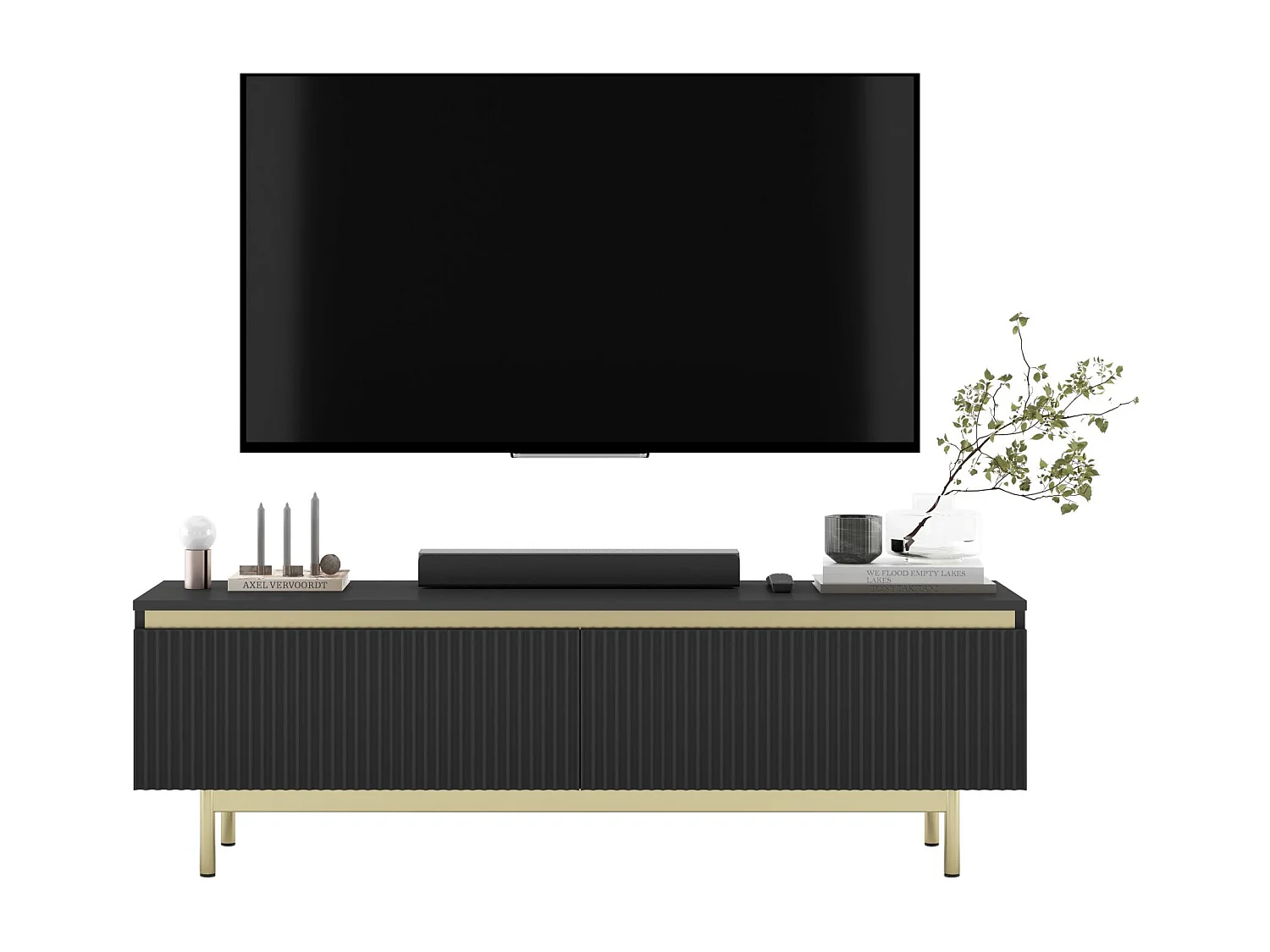 Meuble TV avec 2 portes - Corps Noir mat, façades rainurées Noir mat - Cadre en métal doré, 140 cm