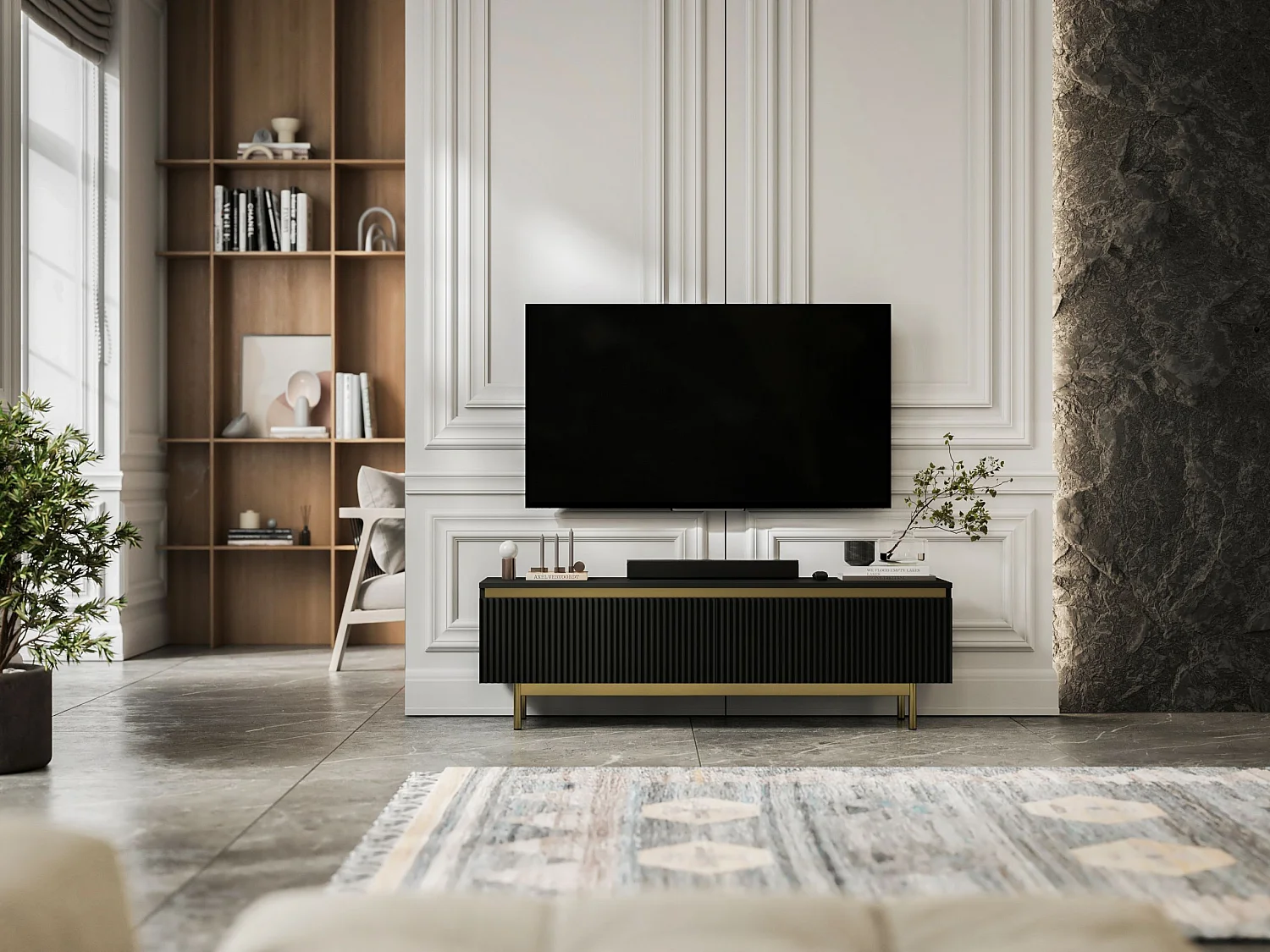 Meuble TV avec 2 portes - Corps Noir mat, façades rainurées Noir mat - Cadre en métal doré, 140 cm