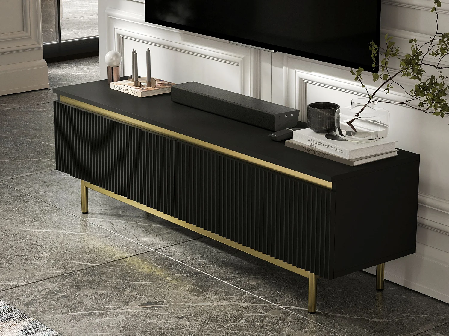 Meuble TV avec 2 portes - Corps Noir mat, façades rainurées Noir mat - Cadre en métal doré, 140 cm