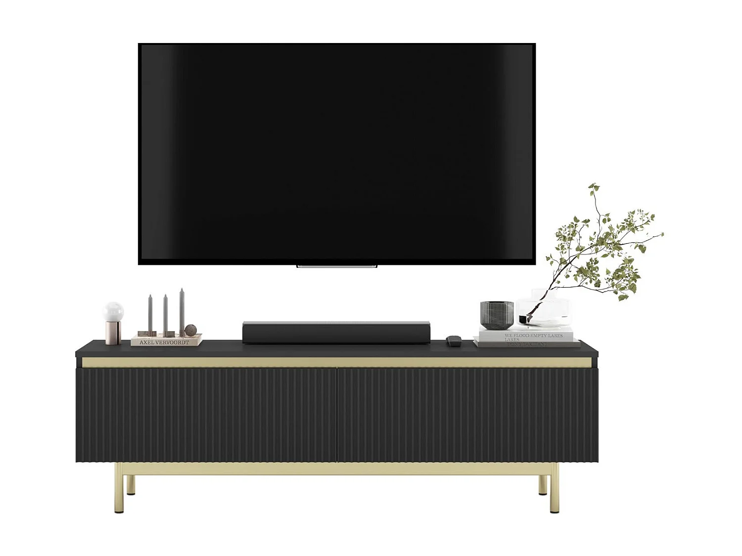 Meuble TV avec 2 portes - Corps Noir mat, façades rainurées Noir mat - Cadre en métal doré, 140 cm
