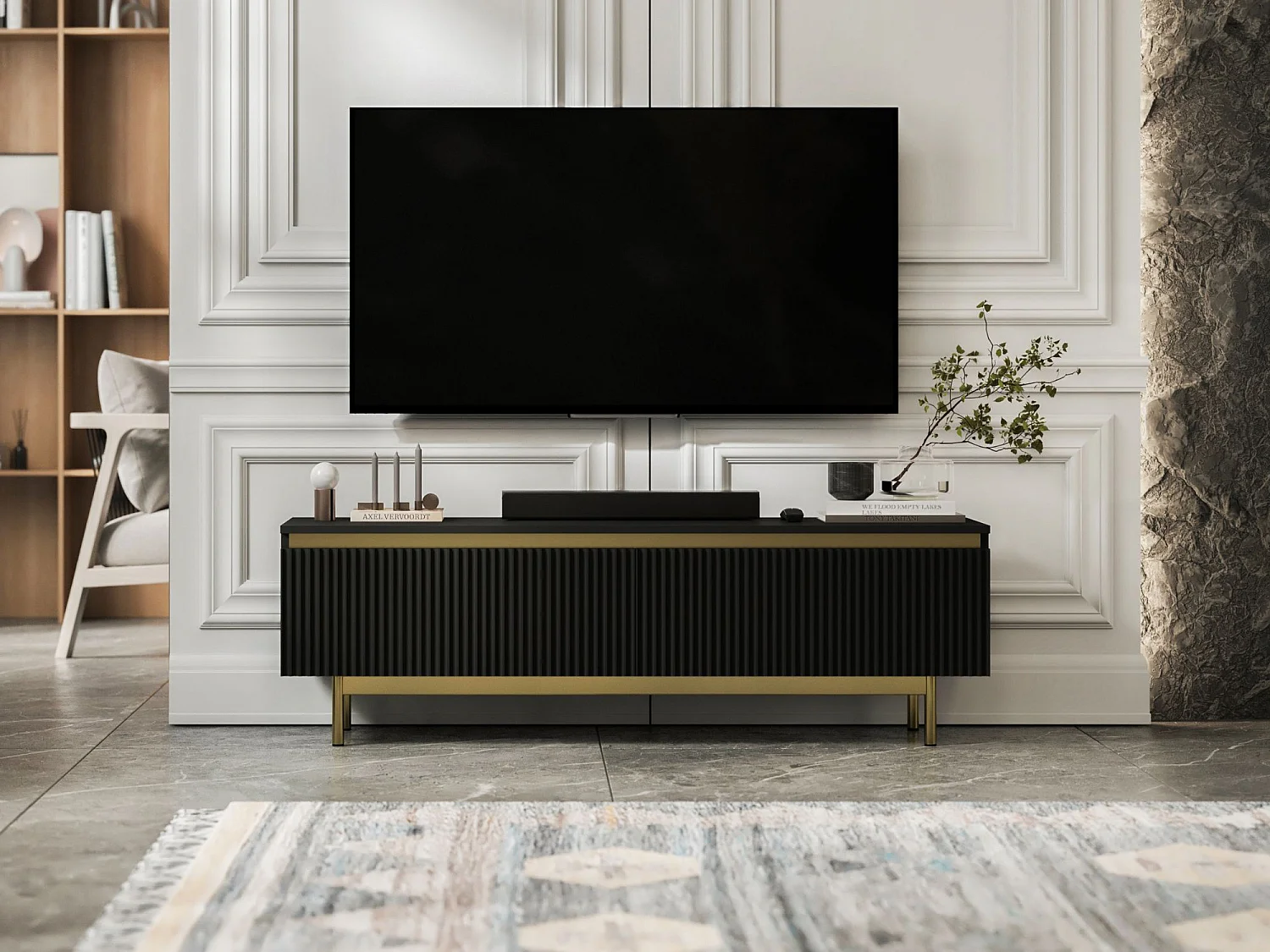 Meuble TV avec 2 portes - Corps Noir mat, façades rainurées Noir mat - Cadre en métal doré, 140 cm
