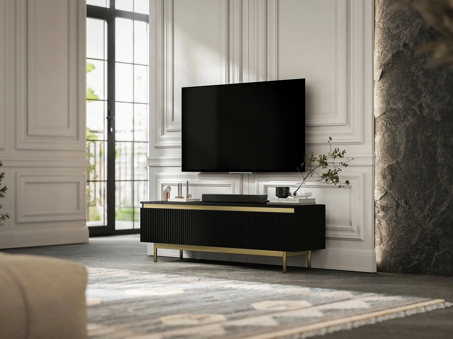 Meuble TV avec 2 portes - Corps Noir mat, façades rainurées Noir mat - Cadre en métal doré, 140 cm
