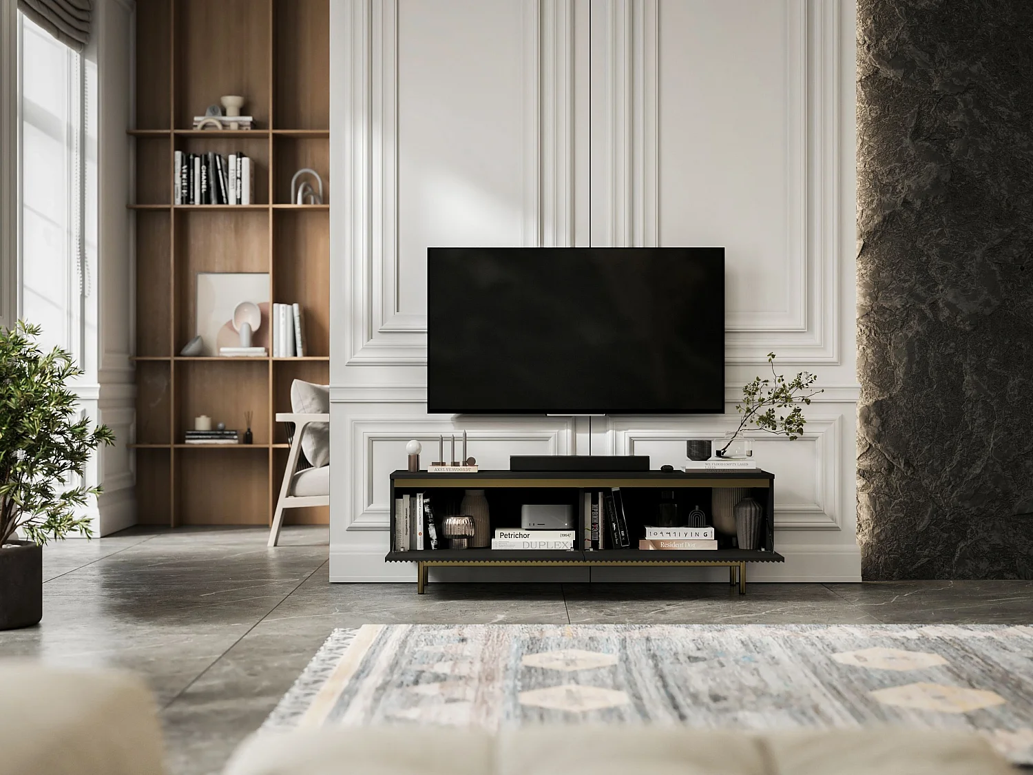 Meuble TV avec 2 portes - Corps Noir mat, façades rainurées Noir mat - Cadre en métal doré, 140 cm