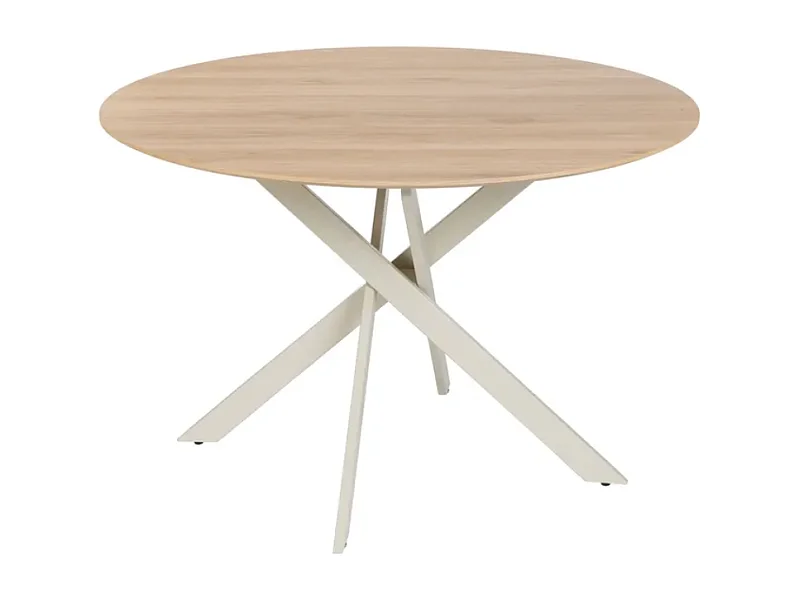 Table ronde 120 cm design bois clair et métal crèm, parfaite pour repas à 4 pers. CAMELIA
