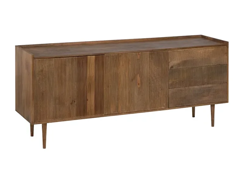 Buffet en bois naturel de manguier174 cm  avec portes rainurées et pieds hauts fuselés BOHEME