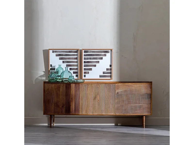 Buffet en bois naturel de manguier174 cm  avec portes rainurées et pieds hauts fuselés BOHEME