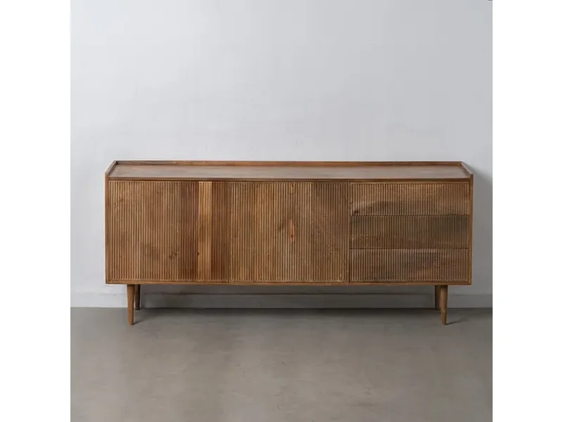 Buffet en bois naturel de manguier174 cm  avec portes rainurées et pieds hauts fuselés BOHEME