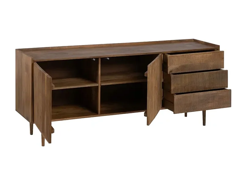 Buffet en bois naturel de manguier174 cm  avec portes rainurées et pieds hauts fuselés BOHEME
