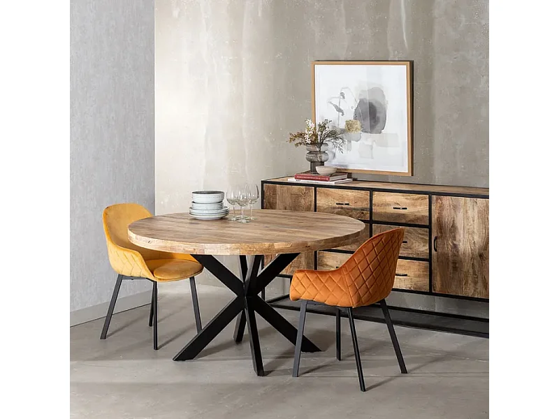 Table à manger ronde 140 cm en bois brut et métal noir SÉLÉNIA