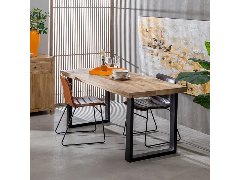 Table à manger 160 cm bois naturel artisanal et pieds noirs LYSANDRA