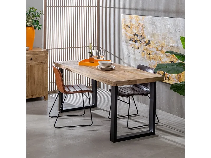 Table à manger 160 cm bois naturel artisanal et pieds noirs LYSANDRA