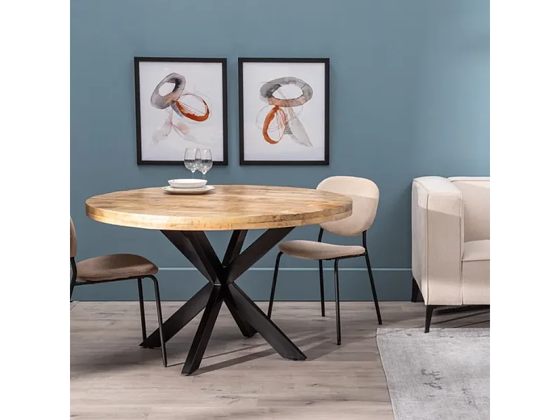 Table à manger ronde 150 cm bois massif et pied noir étoile CALYPSO
