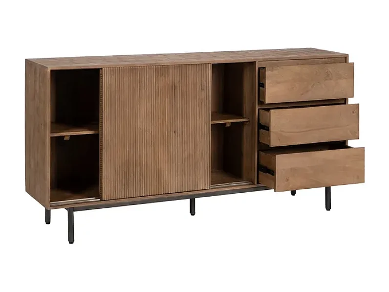 Buffet naturel en bois de manguier 180 cm avec portes coulissantes rainurées et tiroirs – FLORAN