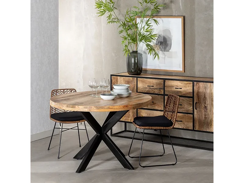 Table à manger ronde 120 cm bois brut et pied noir croisé SÉLÉNIA