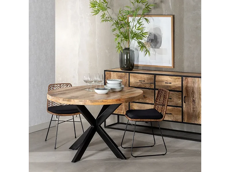 Table à manger ronde 120 cm bois brut et pied noir croisé SÉLÉNIA