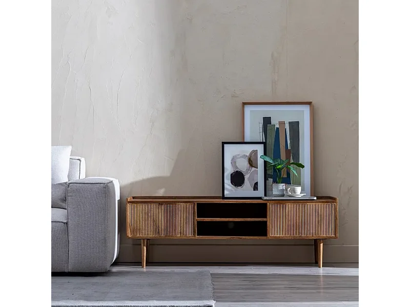 Meuble de télévision en bois naturel avec portes striées et niches BOHEME