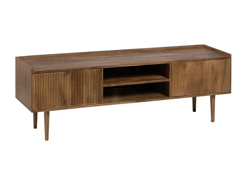 Meuble de télévision en bois naturel avec portes striées et niches BOHEME