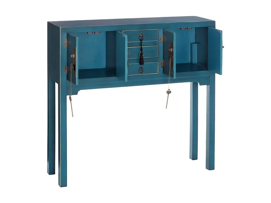 Console bleu profond avec 3 tiroirs centraux et ornements inspirés d'Asie CALINDI
