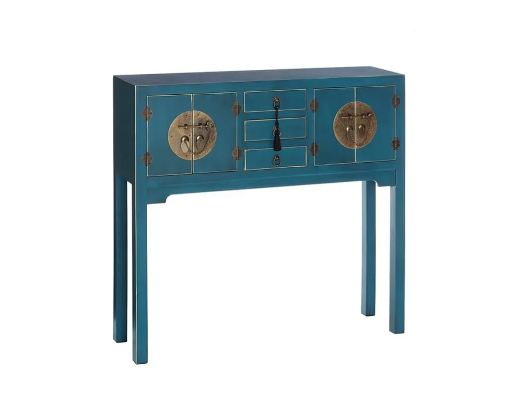 Console bleu profond avec 3 tiroirs centraux et ornements inspirés d'Asie CALINDI