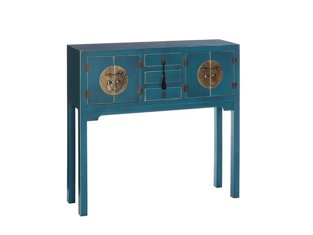 Console bleu profond avec 3 tiroirs centraux et ornements inspirés d'Asie CALINDI