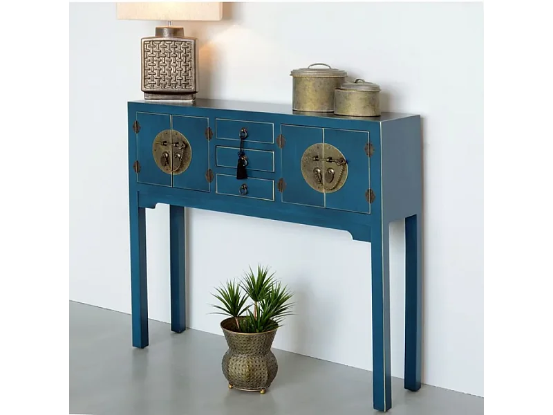 Console bleu profond avec 3 tiroirs centraux et ornements inspirés d'Asie CALINDI