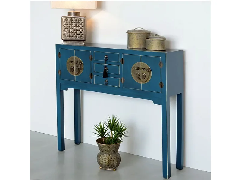 Console bleu profond avec 3 tiroirs centraux et ornements inspirés d'Asie CALINDI