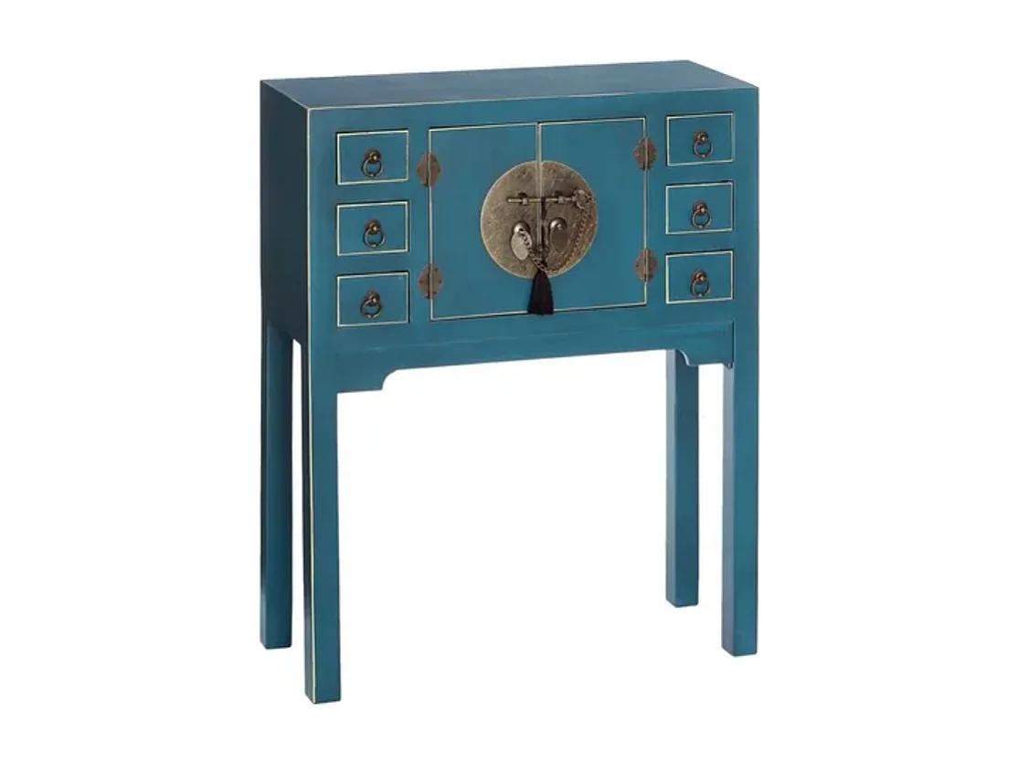 Console compacte bleue 6 tiroirs avec porte centrale esprit cabinet d'orient CALINDI