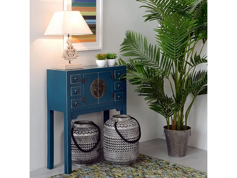 Console compacte bleue 6 tiroirs avec porte centrale esprit cabinet d'orient CALINDI