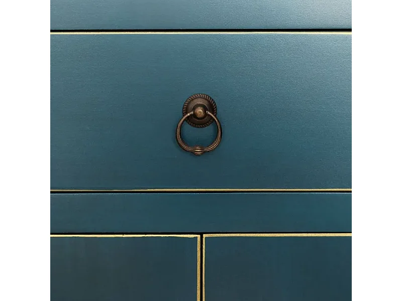 Console compacte bleue 6 tiroirs avec porte centrale esprit cabinet d'orient CALINDI