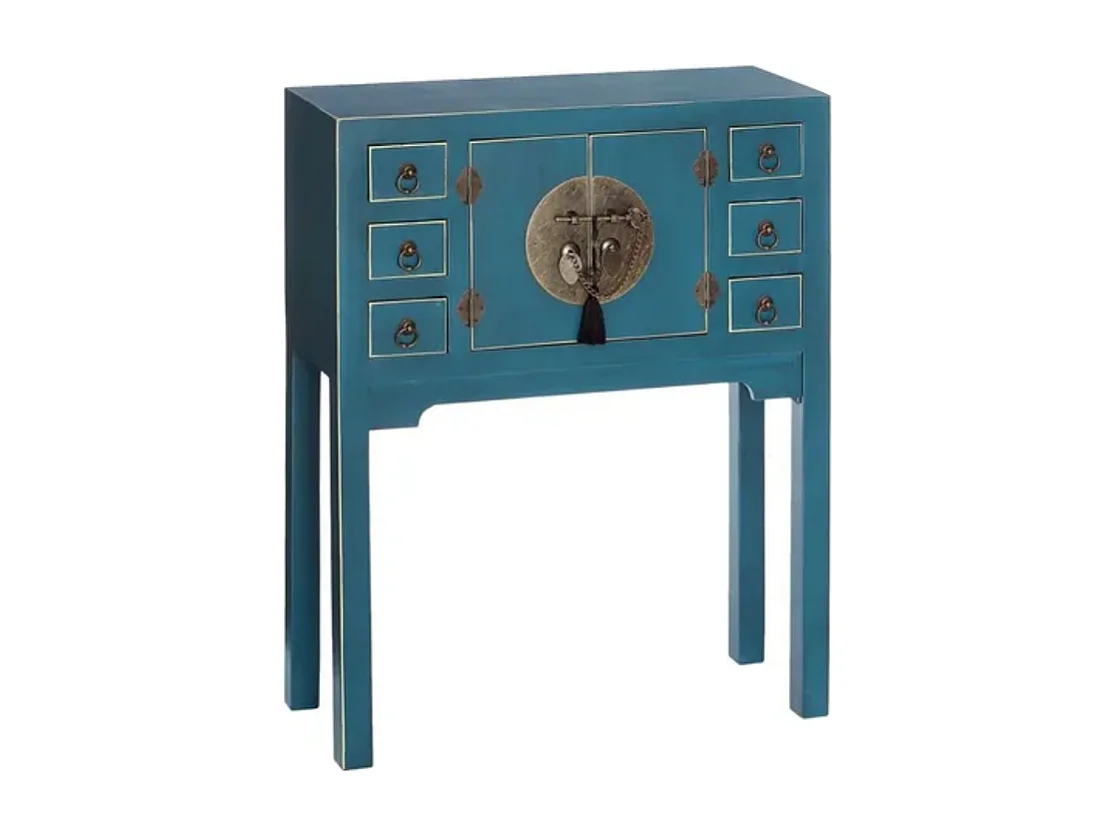 Console compacte bleue 6 tiroirs avec porte centrale esprit cabinet d'orient CALINDI