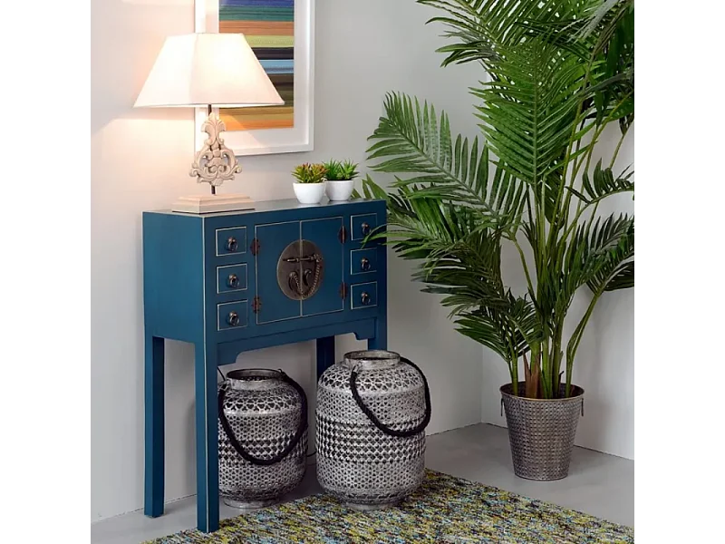 Console compacte bleue 6 tiroirs avec porte centrale esprit cabinet d'orient CALINDI