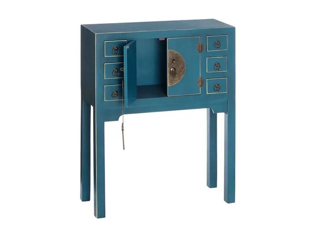 Console compacte bleue 6 tiroirs avec porte centrale esprit cabinet d'orient CALINDI
