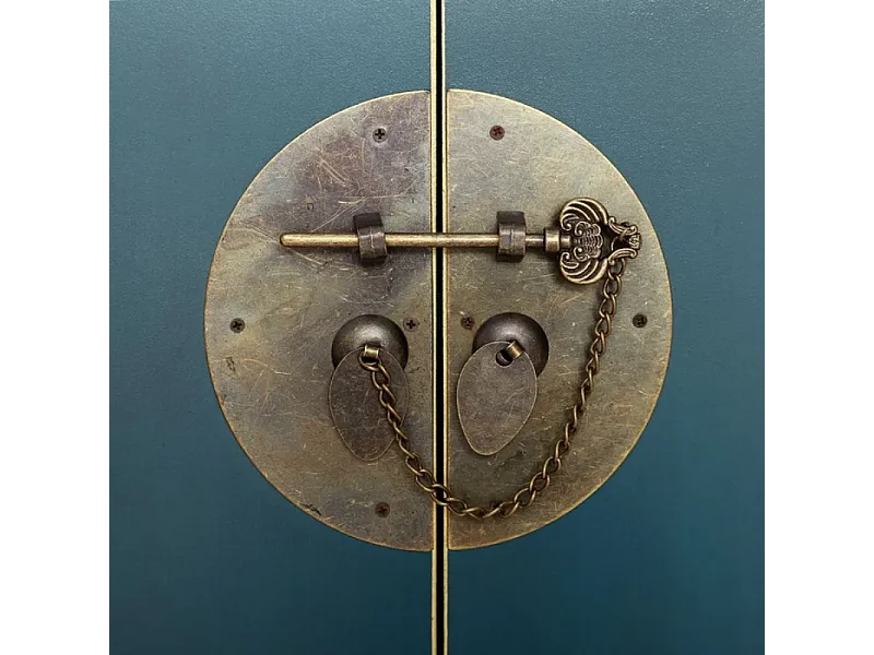 Console compacte bleue 6 tiroirs avec porte centrale esprit cabinet d'orient CALINDI