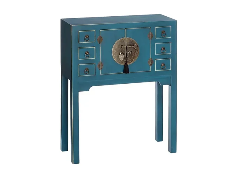 Console compacte bleue 6 tiroirs avec porte centrale esprit cabinet d'orient CALINDI