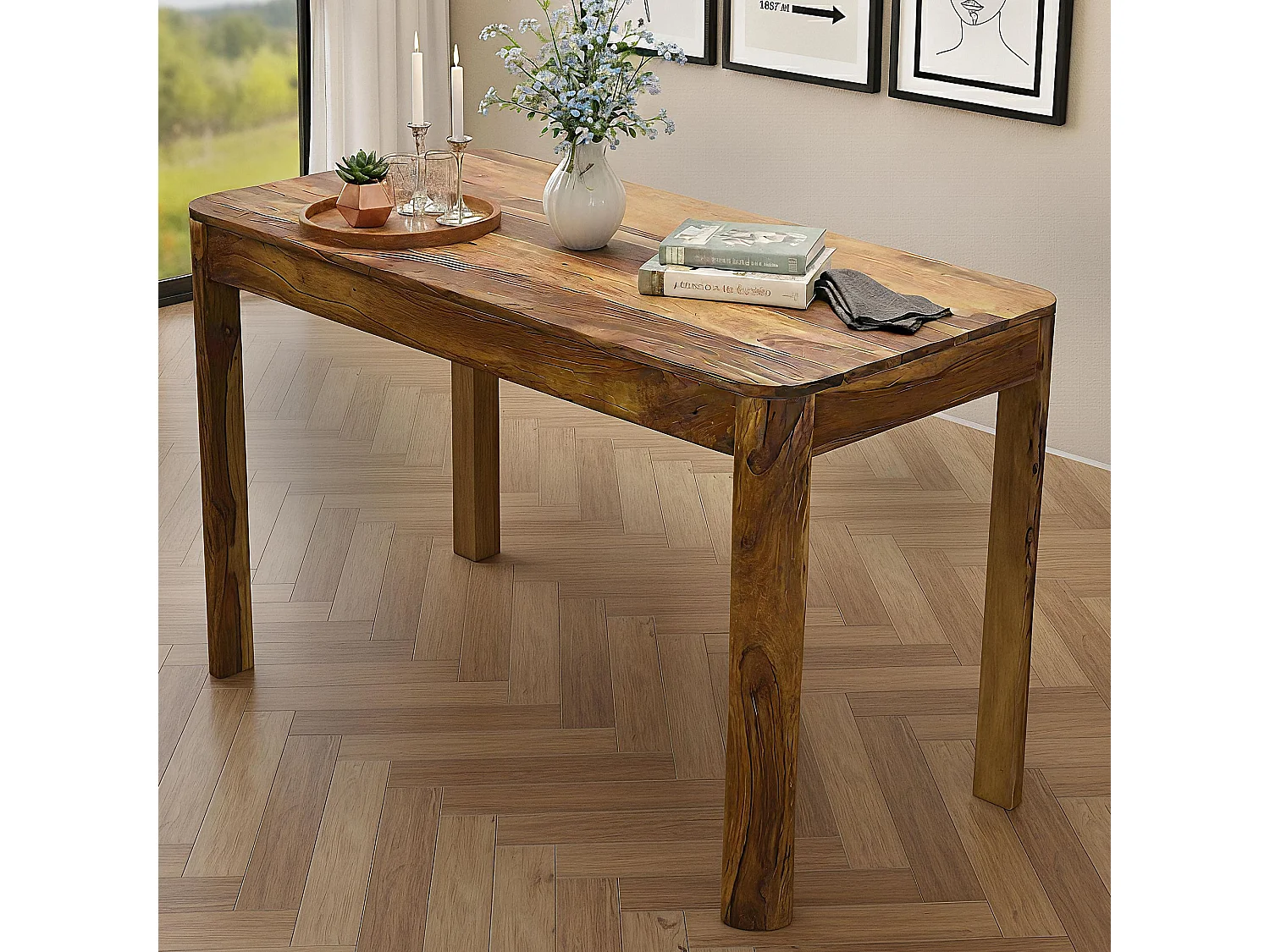 Table à manger rectangulaire Sheesham Bois Massif 120cm pour jusqu'à 6 Personnes