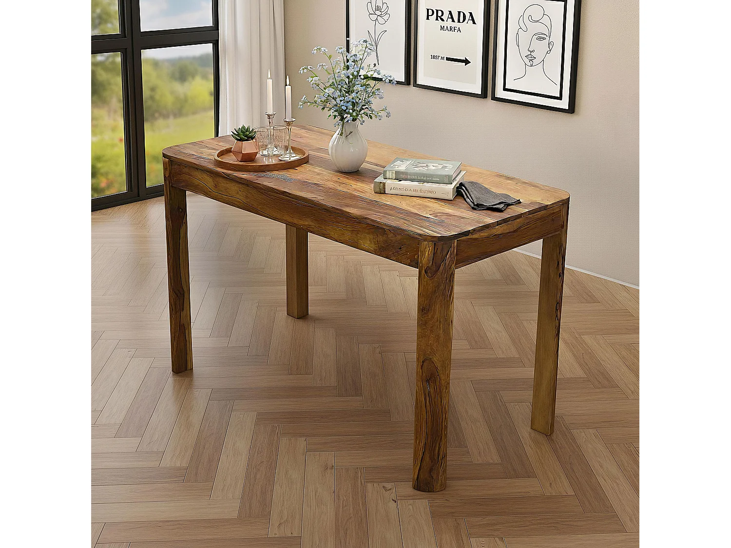 Table à manger rectangulaire Sheesham Bois Massif 120cm pour jusqu'à 6 Personnes