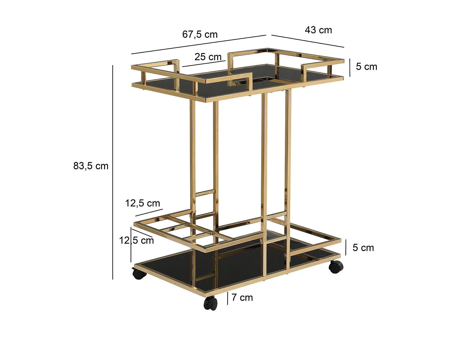 Chariot de service chariot de bar en métal doré verre 67,5 cm chariot
