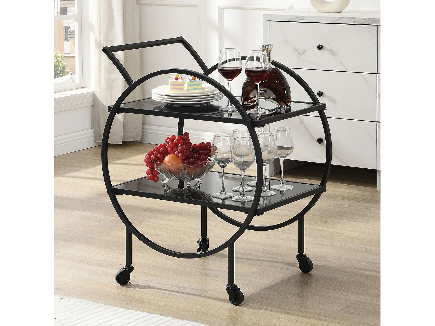 Desserte chariot de bar en métal noir, étagères en verre, 2 niveaux, roulettes