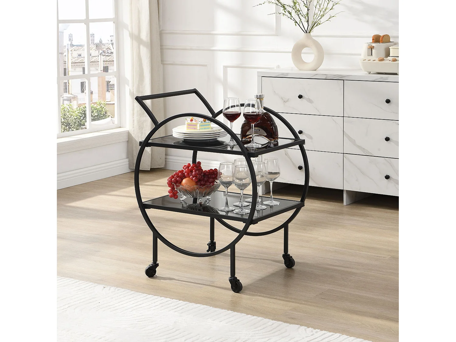 Desserte chariot de bar en métal noir, étagères en verre, 2 niveaux, roulettes