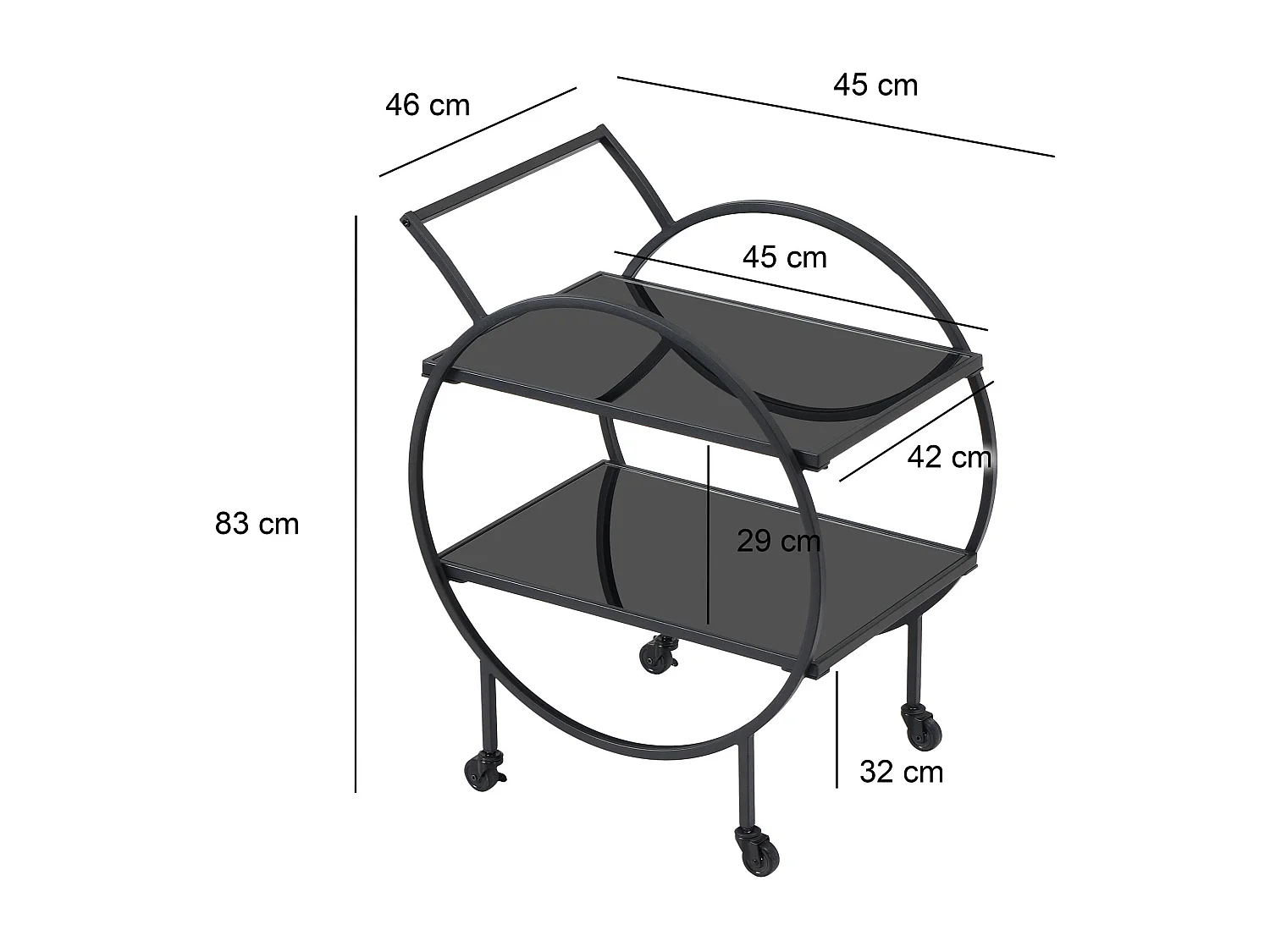Desserte chariot de bar en métal noir, étagères en verre, 2 niveaux, roulettes