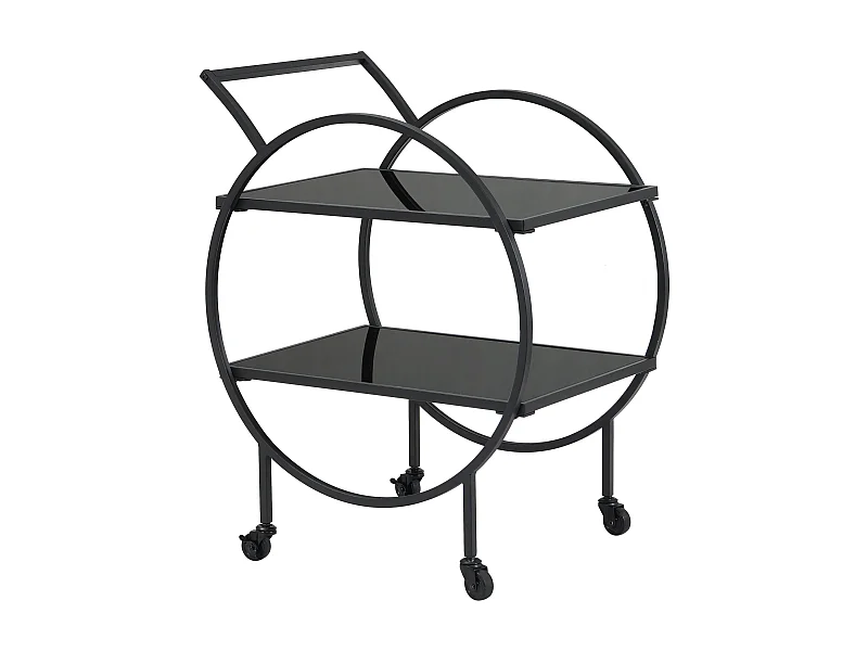 Desserte chariot de bar en métal noir, étagères en verre, 2 niveaux, roulettes